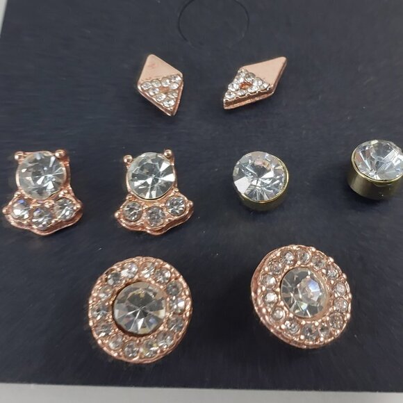 BEBE Set of 4 pairs of Gold and Rose Gold-tone Rhinestone Crystal Studs Earrings - Picture 3 of 7